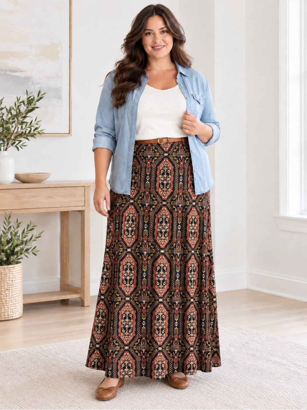 Boho Geometric Medallion Jersey Knit A-Line Maxi Skirt Brown Rust Red M